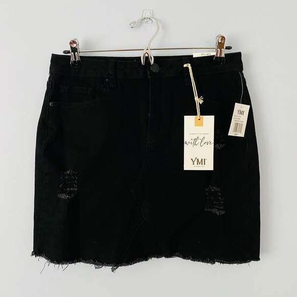 YMI Dresses & Skirts - New With Tags YMI Black Denim Distressed Mini Skirt Size 7 / 28 Walk My Way
